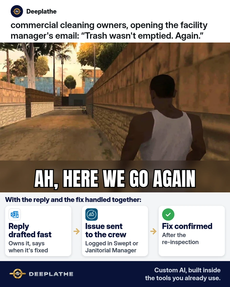 CJ from GTA San Andreas 'here we go again' meme for a commercial cleaning owner opening a facility manager's email saying the trash wasn't emptied again. Below, a solved strip: reply drafted fast that owns the issue, issue logged in Swept or Janitorial Manager for the crew, fix confirmed after the re-inspection. How to respond to a cleaning complaint from a client (email template + fix that sticks)